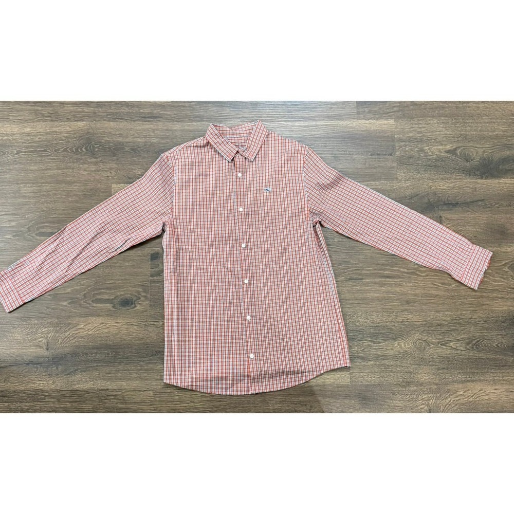Vineyard Vines Boys Large Orange Navy Plaid Long Sleeve Button Down Shirt